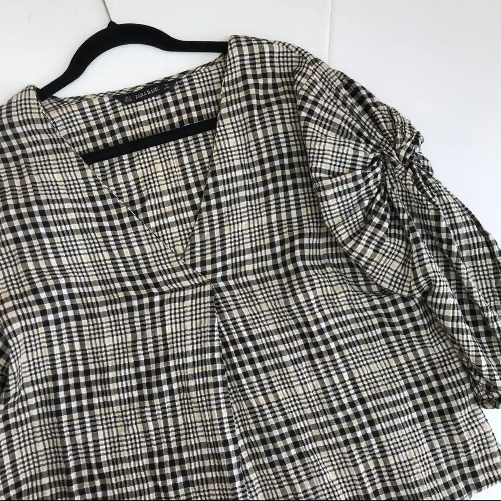 ZARA Check Puff Sleeve Peasant Blouse